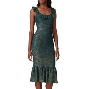 Nightcap Metallic Floral Knit Ruffle Hem Sleeveless Midi Gown Green Sz L